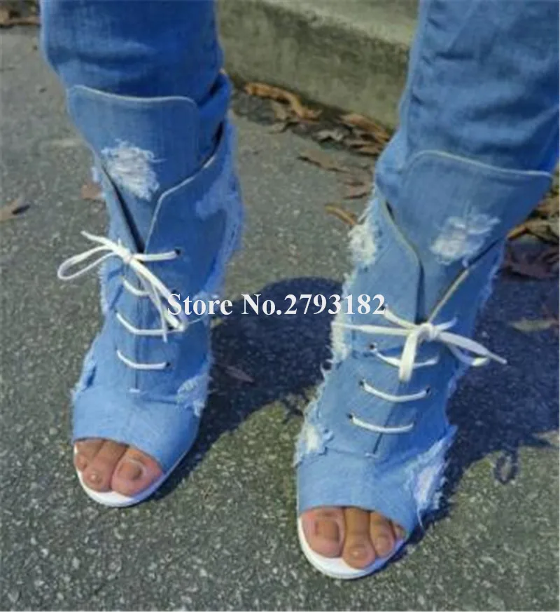 denim peep toe booties