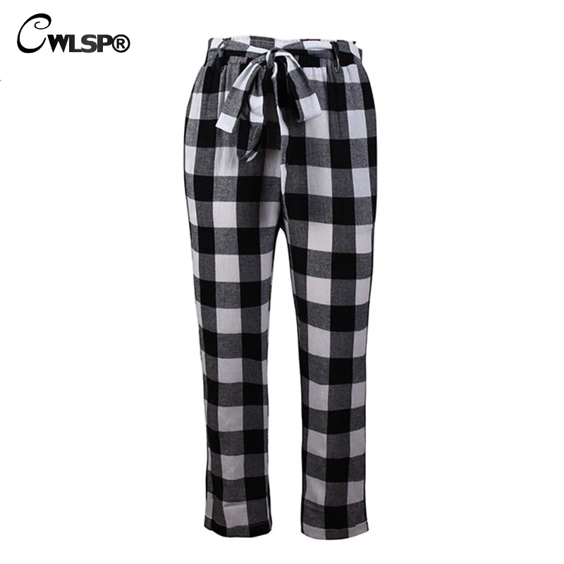 CWLSP 2018 2 color plaid Women pants loose casual Pants with pocket Female tie up front comfort pantalon mujer QZ2914