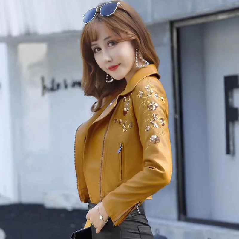

Punk Style Faux Soft Leather Suede Jacket Women Embroidery Floral Faux Leather Jacket Pu Motorcycle Epaulet Zipper Fringe Jacket