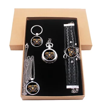 

Steampunk Skeleton Masonic Silver Jewelry Gift Set Have Pocket Watch And Pendant Necklace And Key chain Bracelet With Gift Box