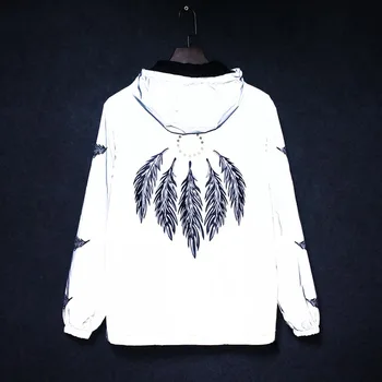 

Men Spring Fashion Brand Korea Style Feather Print Light Reflective Luminous Loose Hooded Jacket Male Casual Thin Jacket Coat