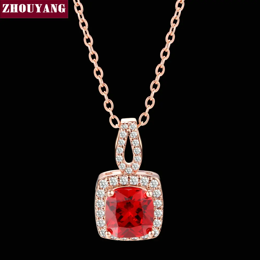 

Simple Square Red Crystal Pendant Necklace Rose Gold Color Party Engagement Jewelry For Women Christmas Gift ZYN616 ZHOUYANG