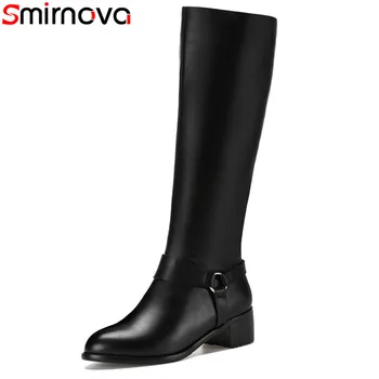 

Smirnova 2018 NEW fashion natural genuine leather boots pointed toe square med heels knee high boots zipper women winter boots