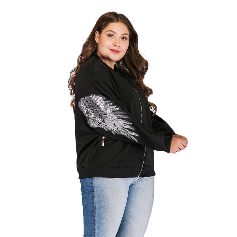

WHZHM Autumn Plus Size 3XL 4XL Sliver Wing Sequins Women Jackets Pocket Stand Collar Zippers Spring Casaco Lurex Female Coats