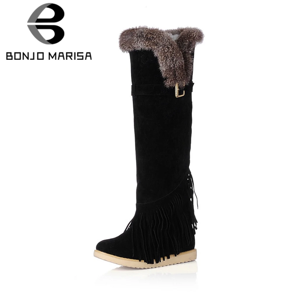 

BONJOMARISA 2019 Winter Big Size 34-43 Brand Women Knee High Snow Boots Casual Flat Patform Fur Boots slip-on Wedges Shoes Woman