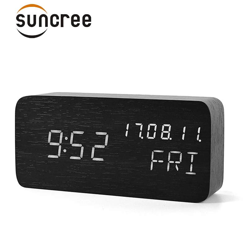 Деревянные светодиодные часы Suncree с кронштейном датой + неделей временем