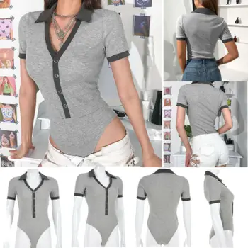 

2019 Newest Fashion Hot Sexy Charming Wholesale Womens Short Sleeve Bodysuit Stretch Ladies V Neck Leotard Body Tops Jumpsuit