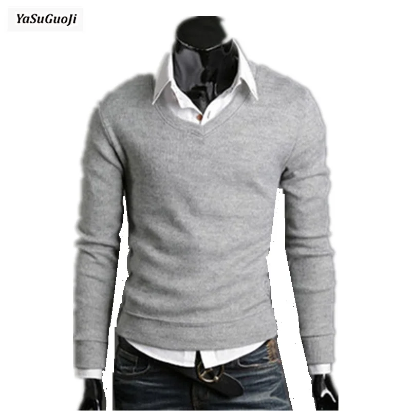 New 2017 spring solid color V-neck casual sweater men slim fit basic pullover men pull homme size m-2xl 7-colors /TTS1