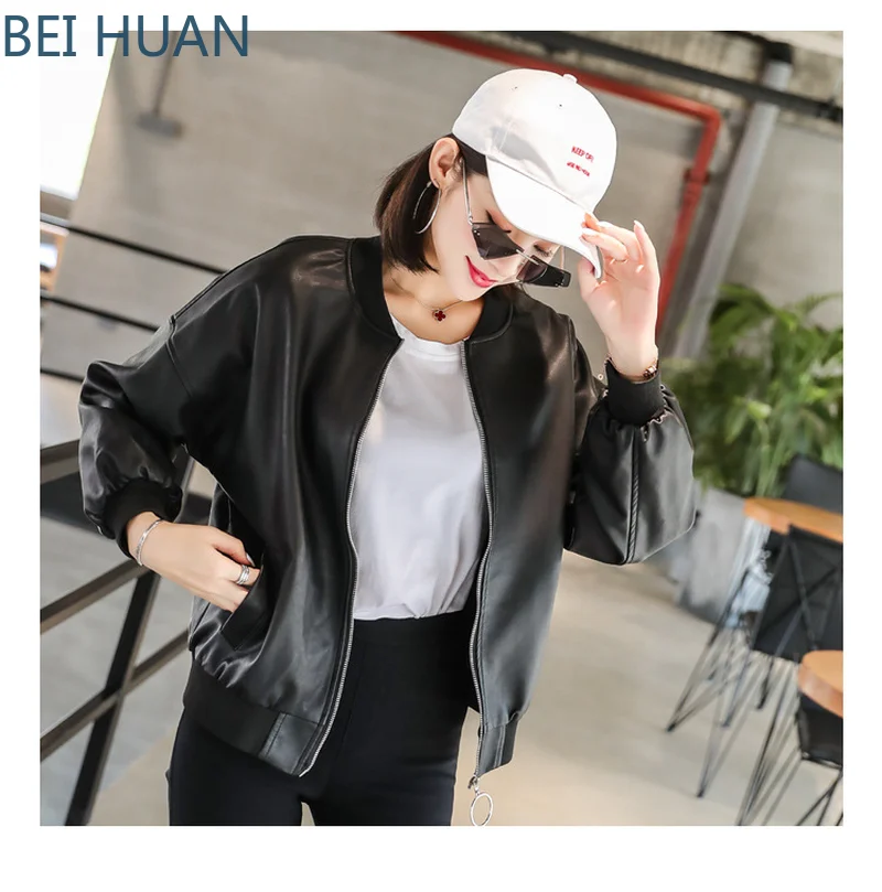 

2019 Real Limited Jaqueta Couro Leather Jacket Korean Ladies Loose Leather Round Neck Slim Coat Original Wind Women Jackets