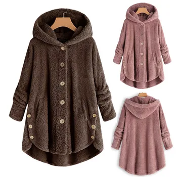 

2019 Fashion Women Hot Winter Plus Size S-5XL Button Coat Fluffy Tail Tops Hooded Pullover Loose Oversize Coats Y723