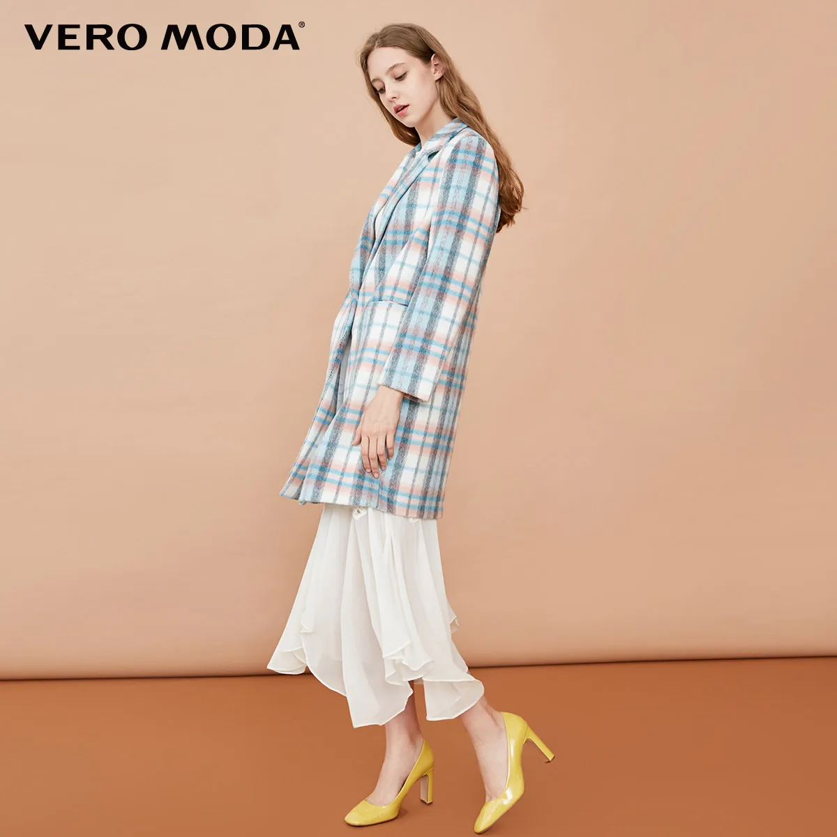 Vero Moda 50% шерстяное клетчатое пальто с декоративными карманами шерстяное пальто | 318327515