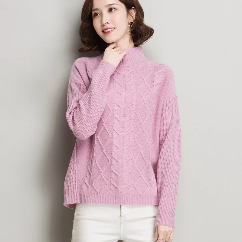 Best Price 2XL 100%Wool Brand Sweater Fall Winter Women Sweater New Solid Color Diamond Pattern Thicken Knit Sweater Bottoming Pullovers