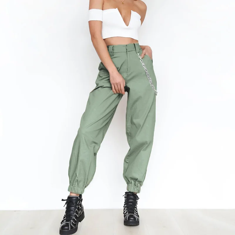 BKLD Лето, женские шаровары с высокой талией, женские модные тонкие однотонные длинные штаны, штаны в стиле хип-хоп, уличная одежда с цепочками - Цвет: green