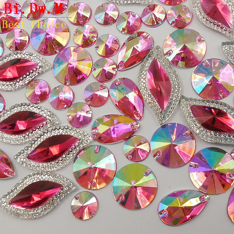Amazing Hand Sewing Rhinestones Mixed Shape Bright Pink Stones and