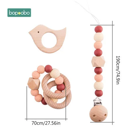 Bopoobo 3Pc/Set Silicone Beads Baby Teether Necklace Round Wooden Beads Pendant For Nursing Pacifier Chain Clips Baby Products - Цвет: Bird set