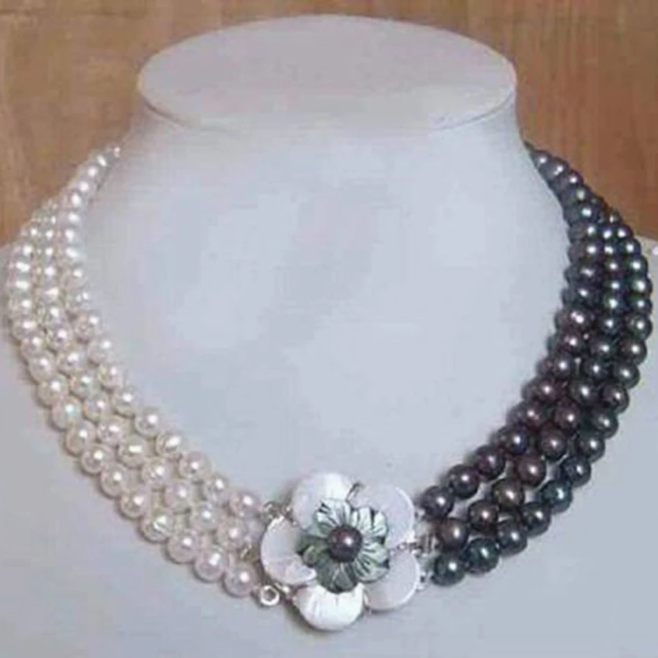 Charming original design 7-8mm 3row white black natural pearl round beads necklace women shell flower clasp jewelry 17-19