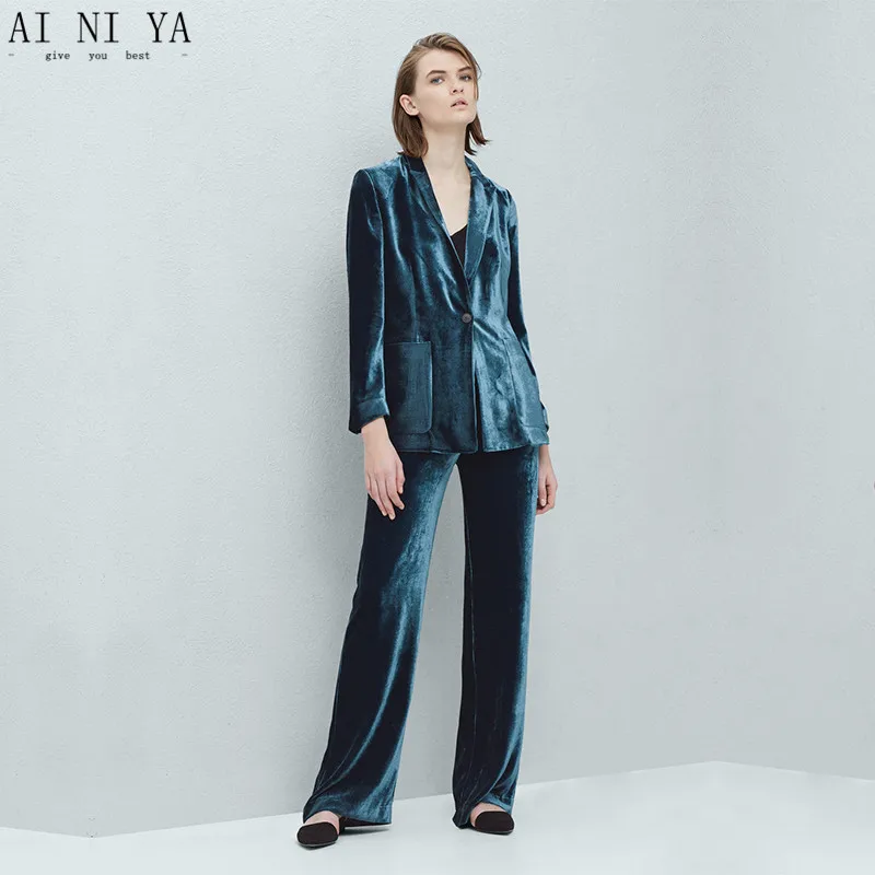 3-22 119 Dark Lake Blue Velvet Formal 2 Piece Sets Women Business Suits with Pant and Jacket Slim Fit Office Ladies Trouser Suit Custom