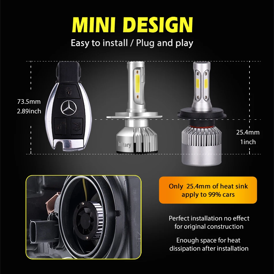 Infitary 2 шт. H4 H7 Автомобильные светодиодные лампы для передних фар 10000Lm Plug And Play 3000 К