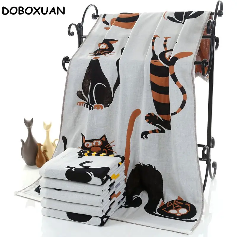 

Geometric Cat Pattern Bath Towel Pure Cotton Gauze Quick Dry Big Face Towel Adult Home Comfortable Water Absorption Sport Towel