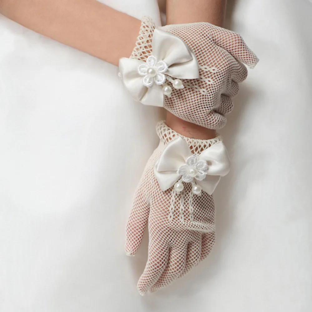 Beige Girls Lace Gloves Kids Cream Beautiful Pearl Gloves