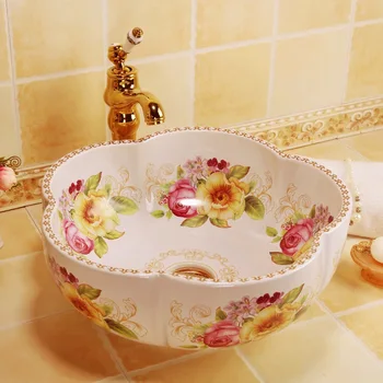 

China Artistic Handmade Ceramic Bathroom Sinks Lavobo Round Countertop classical wash basins rose