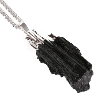 

natural real black rough raw tourmaline stone chakra powerful energy healing stone pendant gold silver chain necklace for unisex