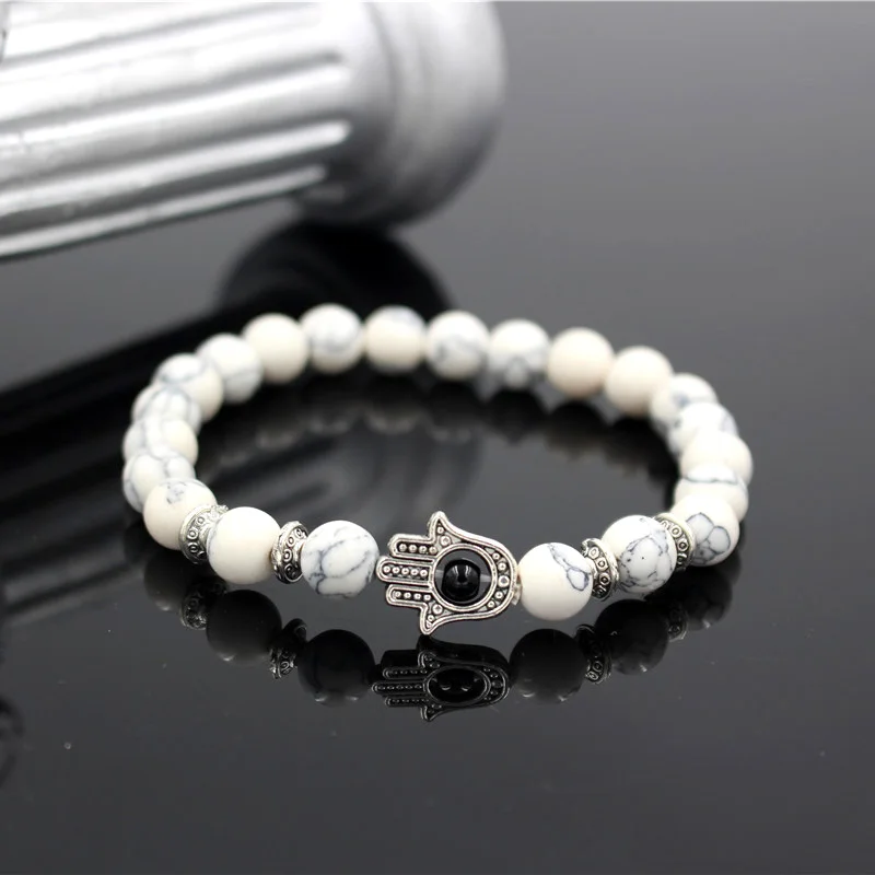 Yoga Bracelet Fatima Hands Hamsa Charm Lava Howlite Stone Bead Elastic For Men Women bracelet jewelry
