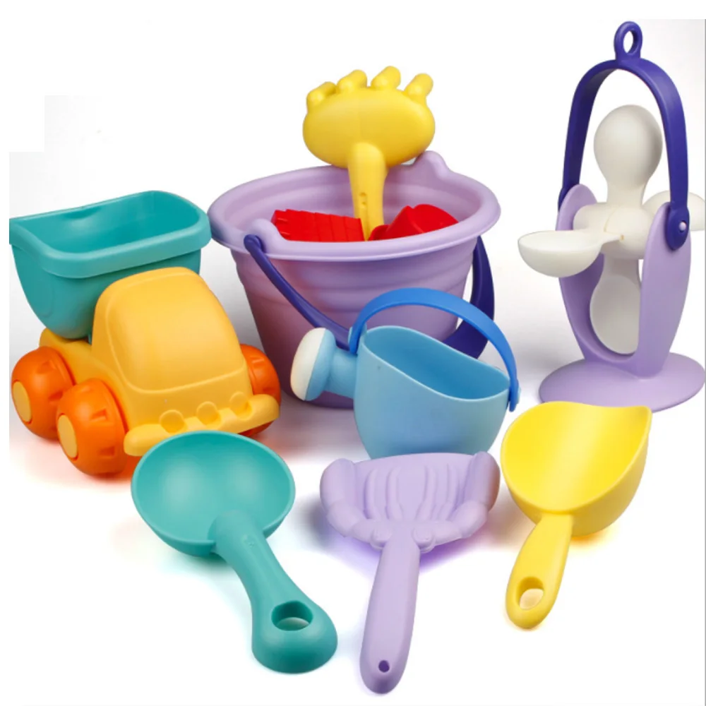 Soft Silicone beach toys for children SandBox Set Kit Sea sand bucket Rake Hourglass Water Table play and fun Shovel mold summer