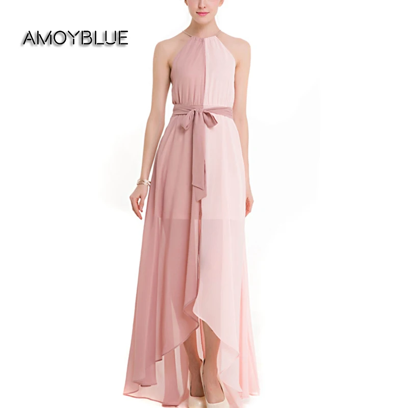 Buy Cheap Amoyblue 2 Colors Pink/khaki Women Chiffon Long Summer Dress with Patchwork,Elegant Green/Gray Lady Split Dress,Sexy Dresses