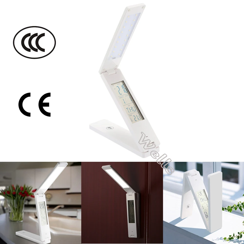  Foldable LED desk Lamp Rechargable Reading Light Touch Control Calendar Alarm Clock Temperature Dim