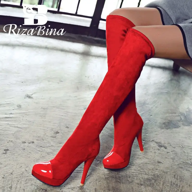 

RIZABINA Ladies Super High Heels Over The Knee Boots Suede Leather Shoes Women Platform Long Boots Round Toe Footwear Size 31-43