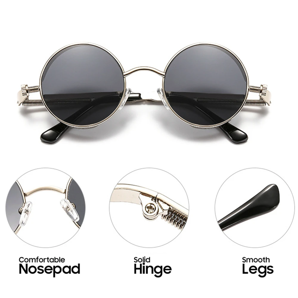 VIVIBEE Vintage Steampunk Red Sunglasses Men Round Punk Alloy Metal Retro Sun Glasses Women 2025 Goggles Gothic Style Shades 