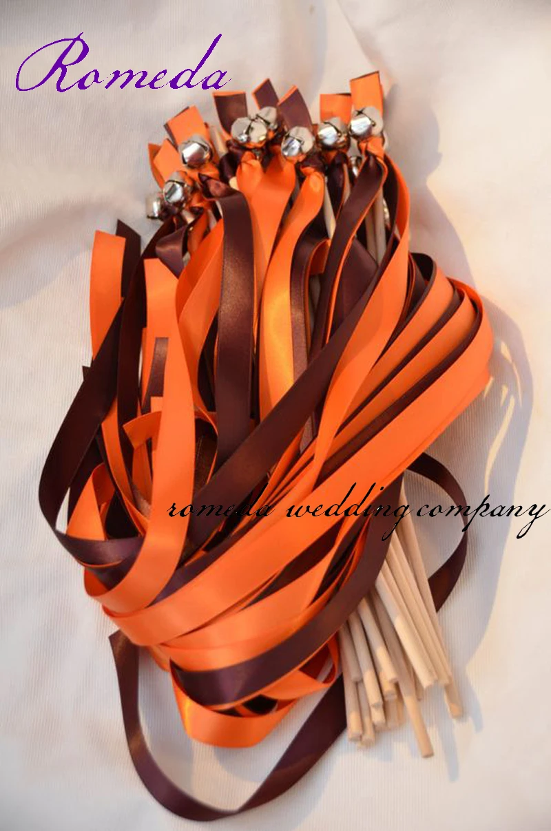 

Big Discount Orange + Brown Stain Ribbon With Sliver Bell Wedding Ribbon Wands(50Pieces/Lot) Event Party Supplies Wedding