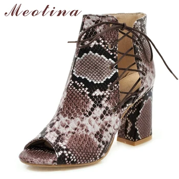 

Meotina Summer Shoes Women Sandals Snake Print Chunky High Heels Shoes Cross-tied Peep Toe Ladies Sandals Zipper Big Size 34-43