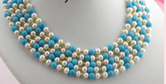 

HOT 003285 5row nature 6mm white fw pearl turquoise bead necklace