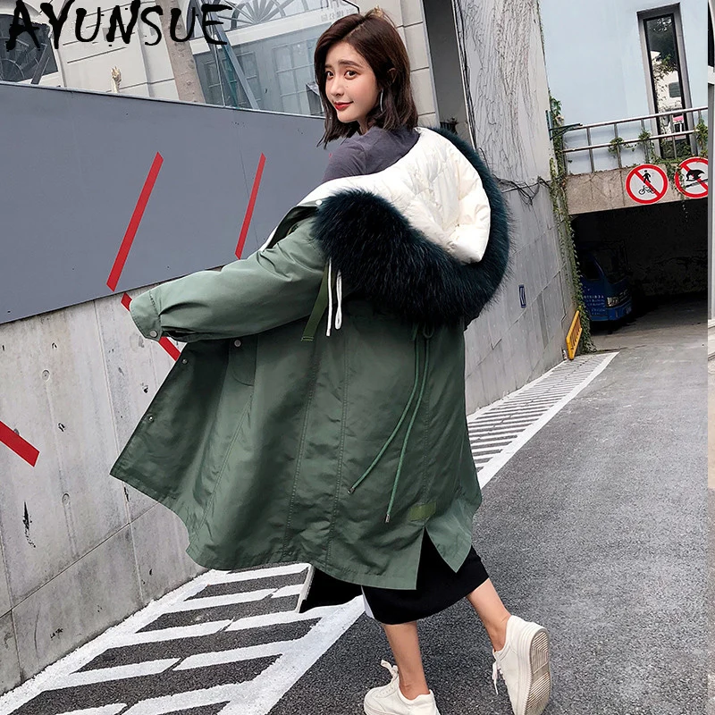 

AYUNSUE Women's Down Jacket 2019 Winter Jacket Women Real Raccoon Fur Collar Korean Long Coat Female Parka Chaqueta Mujer MY3601