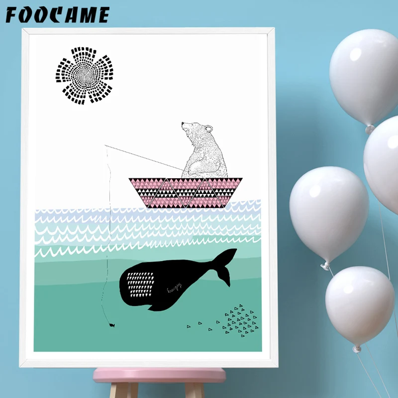 FOOCAME Cartoon Sea Polar Bear Whale Fish Ship Posters and Prints Art Canvas Painting Home Decor Wall Pictures For Living Room | Дом и сад