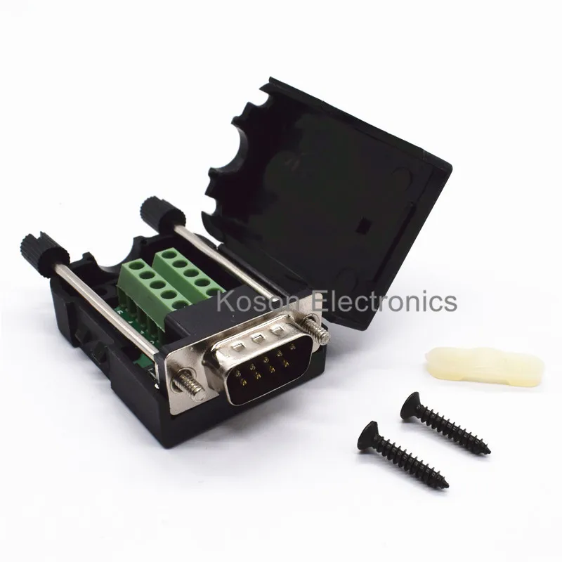 

DB9 Male 9Pin Plug Breakout Board Terminals Connector Screw Type Black Plastic Cover