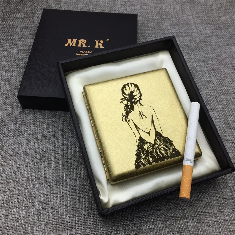 

MR.K HN207 Girl Back Yellow Metal Portable 20 Cigarette Case Brass Cigarette Box Smoking Accessory Laser Carved Forever