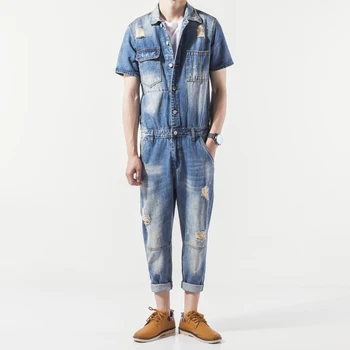 

New 2017 men personality hole denim ankle length trousers set personalized vintage jumpsuit overalls M-3XL
