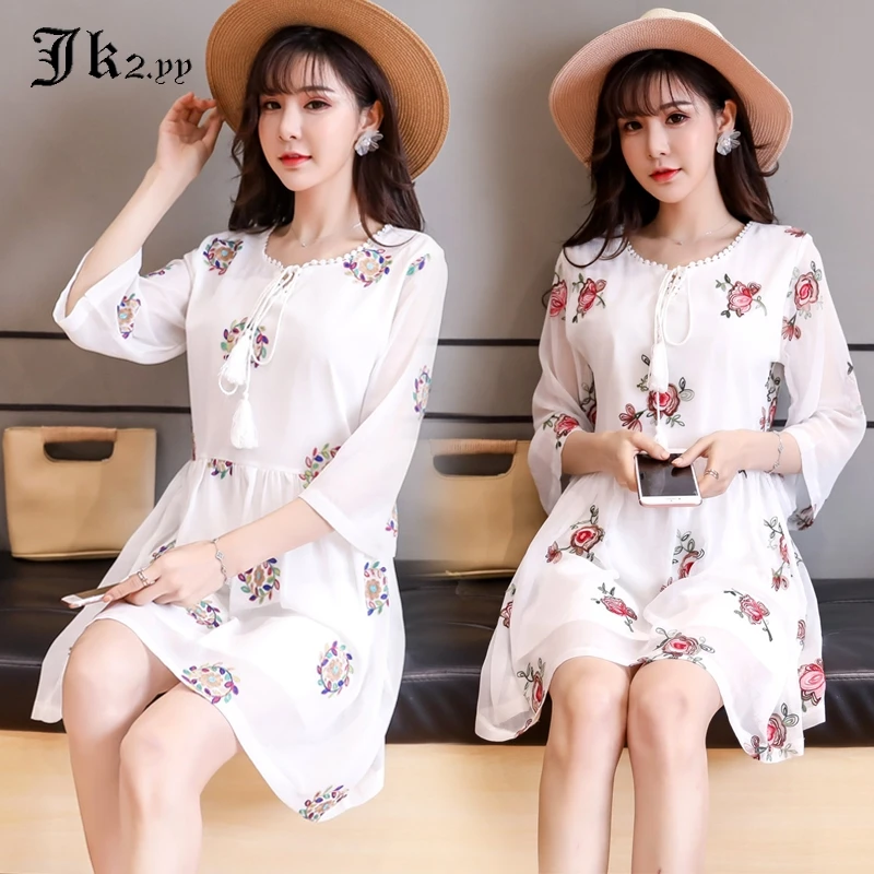 L XXXL Elegant Rose Flowers Embroidered Dress Chiffon Plus Size Half