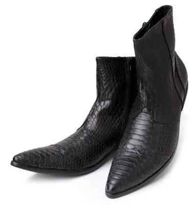 

Akamatsu Pointed Toe Ankle Boots Fish Scale Embossed Genuine Leather Zipper Boots Spring/Autumn Men Shoes White Black Brown