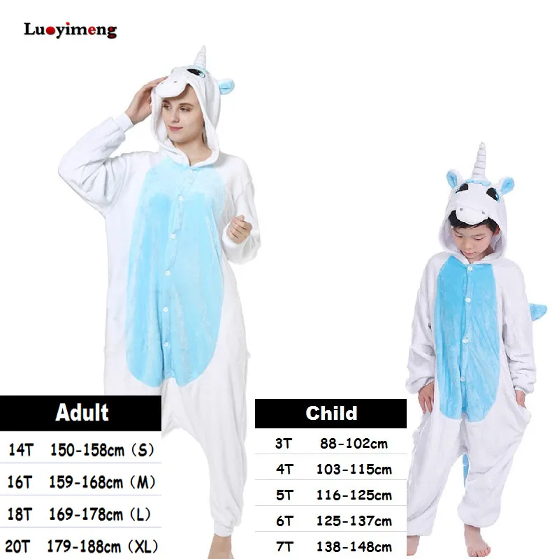 Дети кигуруми Единорог пижамы набор зима с капюшоном животных пижамы "Пикачу" Мальчики Девочки пижамы Женщины Onesie Единорог костюмы панды - Цвет: blue unicorn