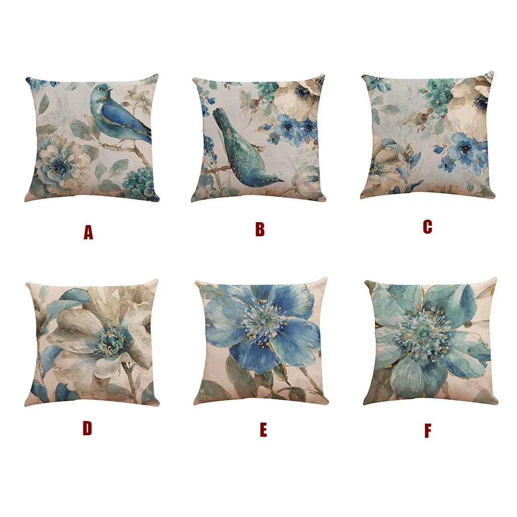 

HSU High Quality Cushion Bird Flower Printed Flax European Style Mixed Cushion 45x45 Personality Cozy Cushion coussin decoratif