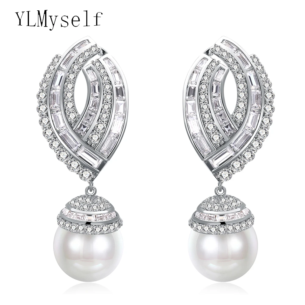 55 mm Very Long earrings for women With 9mm LT Gold pearl Trendy jewelry Gold-color Large Bridal earrings