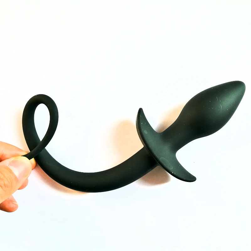 Puppy play Dog Tail Butt Plug, flexible silicone anal toys adult game dog slave role play, swelling head flared base curled tail