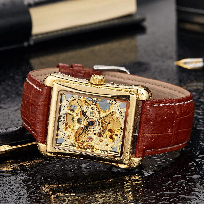 

OUYAWEI Brand Mechanical Watch 2019 Men Wristwatches Leather Strap Men Watch Self Wind Skeleton Watch For Men relogio masculino