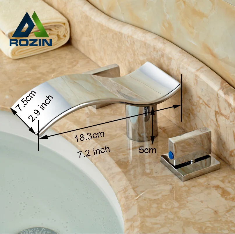 

Modern Two Handle Waterfall Basin Sink Faucet Deck Mount 3 Holes Hot Cold Water Mixer Taps