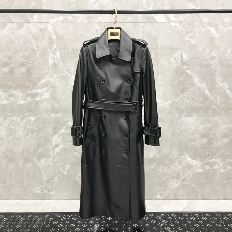 2019 Spring New Women's Leather Leather Long Section Sheepskin Windbreaker Jacket Slim Double Breasted Real Leather Jacket