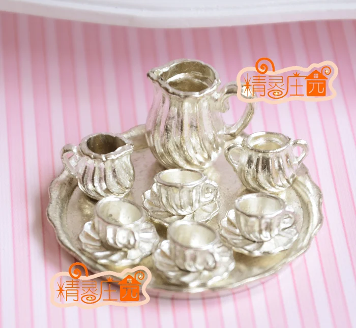 MINI dollhouse miniature Silver metallic mini furniture accessories Tea and coffee sets large disc